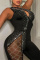 Black Fashion Sexy Patchwork Hot Drilling Hollowed Out Backless One Shoulder Skinny Jumpsuits