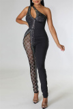 Black Fashion Sexy Patchwork Hot Drilling Hollowed Out Backless One Shoulder Skinny Jumpsuits