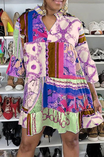 Purple Casual Print Patchwork Buckle Turndown Collar A Line Dresses