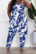 Blue Sexy Casual Print Bandage Backless Strapless Regular Jumpsuits