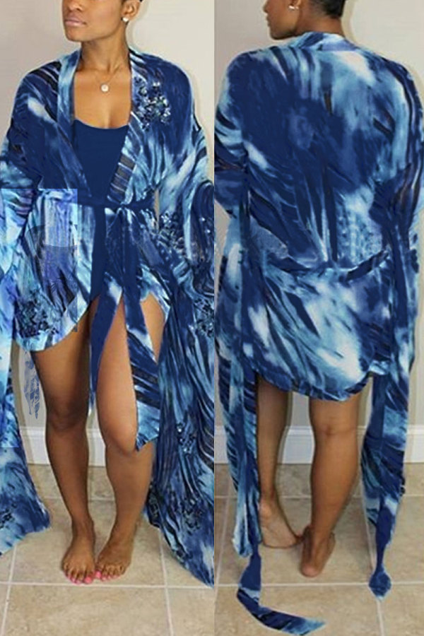 Blue Sexy U Neck Printing One-piece Swimwears(With Cover-Ups)