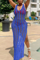 Royal Blue Sexy Solid Hollowed Out Patchwork Slit Swimwears Cover Up