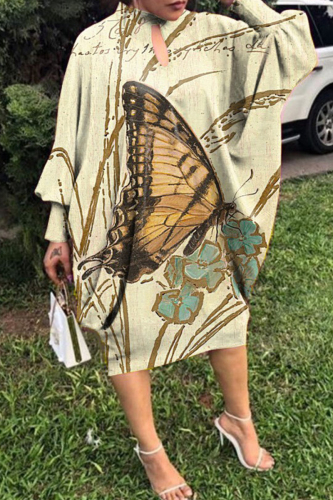 Apricot Fashion Casual Print Hollowed Out Half A Turtleneck Long Sleeve Dresses