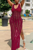 Red Sexy Solid Hollowed Out Patchwork Slit Swimwears Cover Up