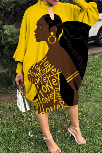 Yellow Brown Fashion Casual Print Hollowed Out Half A Turtleneck Long Sleeve Dresses