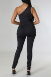 White Fashion Sexy Patchwork Hot Drilling Hollowed Out Backless One Shoulder Skinny Jumpsuits