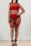 Red Fashion Sexy Solid Hollowed Out Patchwork Beading O Neck Straight Dresses Three Pieces