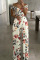 White Fashion Casual Print Patchwork V Neck Loose Jumpsuits
