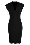 Black Fashion Casual Solid Basic V Neck Sleeveless Dress
