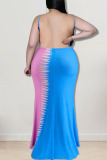Blue Sexy Print Patchwork Spaghetti Strap Straight Dresses