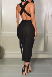 Black Sexy Solid Patchwork Backless One Step Skirt Dresses