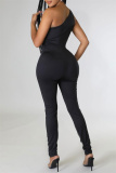 Black Fashion Sexy Patchwork Hot Drilling Hollowed Out Backless One Shoulder Skinny Jumpsuits