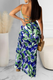 Green Floral Print Sleeveless Ruched Casual Vacation High Slit Bodycon Maxi Dress