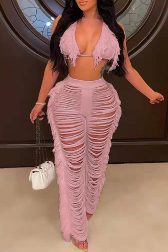 Pink Sexy Solid Tassel Hollowed Out Patchwork Halter Sleeveless Two Pieces