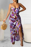 Green Floral Print Sleeveless Ruched Casual Vacation High Slit Bodycon Maxi Dress