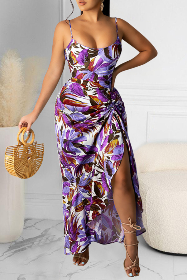 Purple Sexy Print Patchwork Spaghetti Strap Waist Skirt Dresses