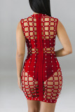 Red Fashion Sexy Solid Hollowed Out Patchwork Beading O Neck Straight Dresses Three Pieces