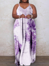 Light Purple Fashion Sexy Plus Size Casual Print Backless Spaghetti Strap Long Dress