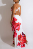White Floral Print Sleeveless Backless Slit Casual Vacation Bodycon Maxi Dress