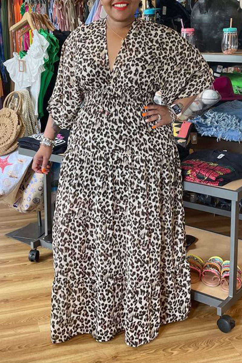 Grey Casual Print Leopard Patchwork V Neck Straight Plus Size Dresses ...