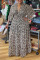 Grey Casual Print Leopard Patchwork V Neck Straight Plus Size Dresses