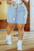 Light Blue Fashion Casual Solid Ripped Regular High Waist Conventional Solid Color Plus Size Denim Shorts