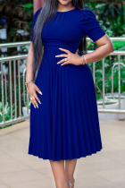 Blue Fashion Casual Solid Patchwork O Neck Short Sleeve Dress