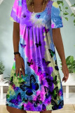 Blue Fashion Casual Butterfly Print Patchwork O Neck Short Sleeve Dress
