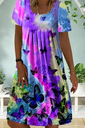 Purple Fashion Casual Butterfly Print Patchwork O Neck Short Sleeve Dress