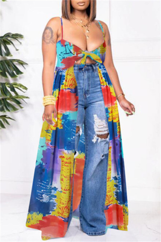 Red Fashion Sexy Print Backless Spaghetti Strap Tops