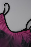 Purple Fashion Sexy Casual Print Backless Spaghetti Strap Long Dress