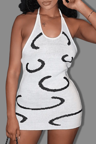White Fashion Sexy Print Bandage Backless Halter Sleeveless Dress