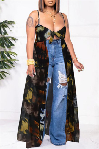 Black Fashion Sexy Print Backless Spaghetti Strap Tops