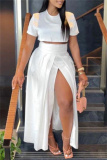 White Short Sleeve O Neck Crop Top and High Slit Pleated Maxi Skirt Casual Vacation Two Piece Dress