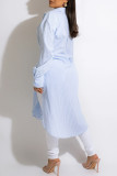 Light Blue Fashion Casual Striped Print Slit Turndown Collar Shirt Dress Dresses