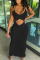 Black Sexy Solid Hollowed Out See-through Backless Fold Spaghetti Strap Long Dress
