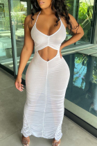 White Sexy Solid Hollowed Out See-through Backless Fold Spaghetti Strap Long Dress