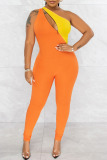 Orange Casual Solid Patchwork Zipper Oblique Collar Skinny Jumpsuits