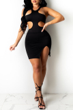 Black Fashion Sexy Solid Hollowed Out Backless Slit O Neck Sleeveless Dress