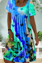 Blue Fashion Casual Butterfly Print Patchwork O Neck Short Sleeve Dress