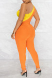 Orange Casual Solid Patchwork Zipper Oblique Collar Skinny Jumpsuits