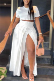 White Short Sleeve O Neck Crop Top and High Slit Pleated Maxi Skirt Casual Vacation Two Piece Dress
