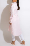 Light Pink Fashion Casual Striped Print Slit Turndown Collar Shirt Dress Dresses