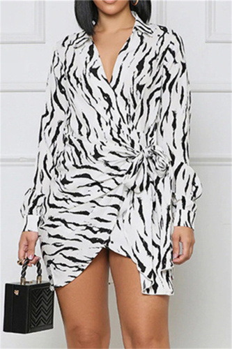 White Fashion Casual Print Bandage V Neck Long Sleeve Dresses