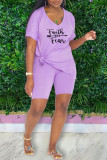 Purple Fashion Casual Print Slit V Neck Short Sleeve Two Pieces