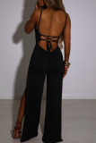 Blue Sexy Solid Bandage Patchwork Backless Slit Spaghetti Strap Straight Jumpsuits