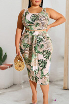 Green Casual Print Bandage Patchwork U Neck Plus Size Two Pieces