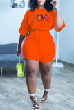 Orange Casual Print O Neck Short Sleeve Two Pieces