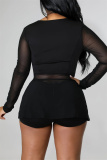 Black Fashion Sexy Patchwork See-through Square Collar Long Sleeve Two Pieces