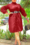 Rose Red Casual Elegant Solid Patchwork Fold Stringy Selvedge Half A Turtleneck A Line Plus Size Dresses